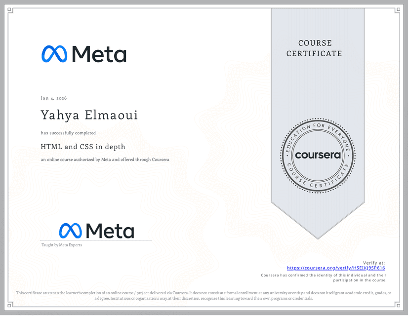 HTML and CSS in depth certificate